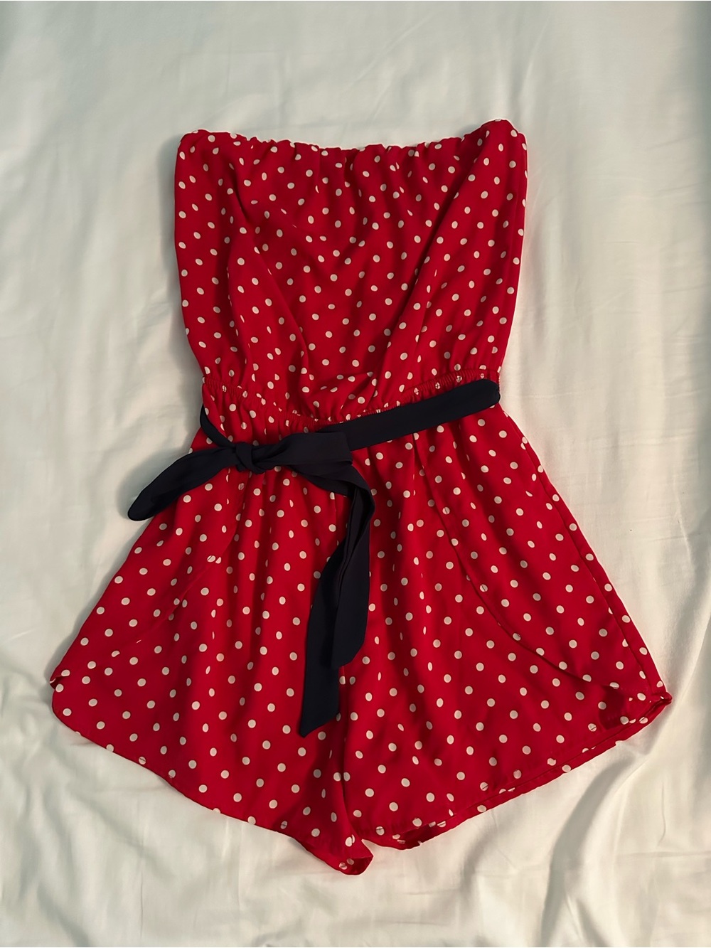 Red Polka Dot Strapless Shorts Romper with Navy Belt